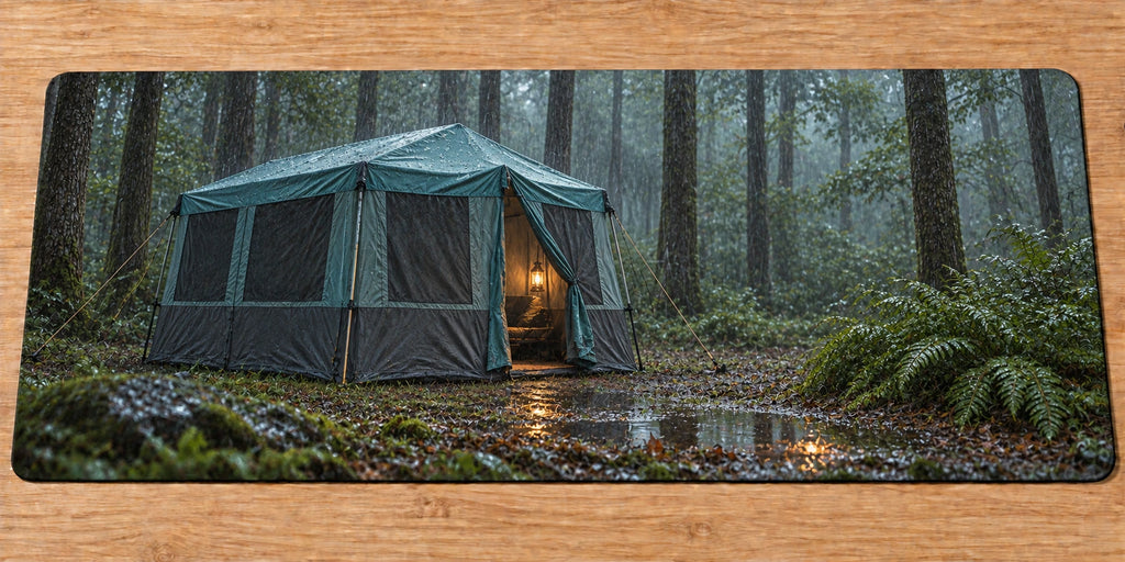 Cabin Tent Rainy Retreat Desk Mat with printed tent folds and wet woodland depth