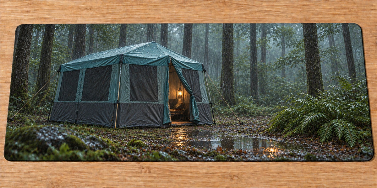 Cabin Tent Rainy Retreat Desk Mat with printed tent folds and wet woodland depth