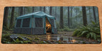 Cabin Tent Rainy Retreat Desk Mat with printed tent folds and wet woodland depth