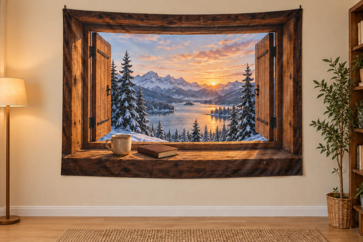 Printed wooden cabin window and snowy lake illusion on flat wall tapestry.