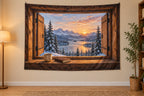 Printed wooden cabin window and snowy lake illusion on flat wall tapestry.