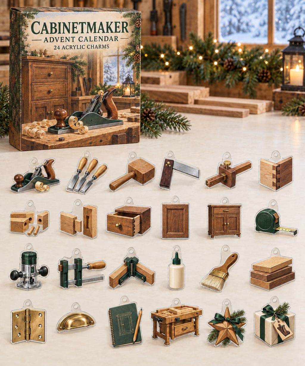 Cabinetmaker advent calendar with 24 custom-shaped flat acrylic charms and printed dimensional artwork