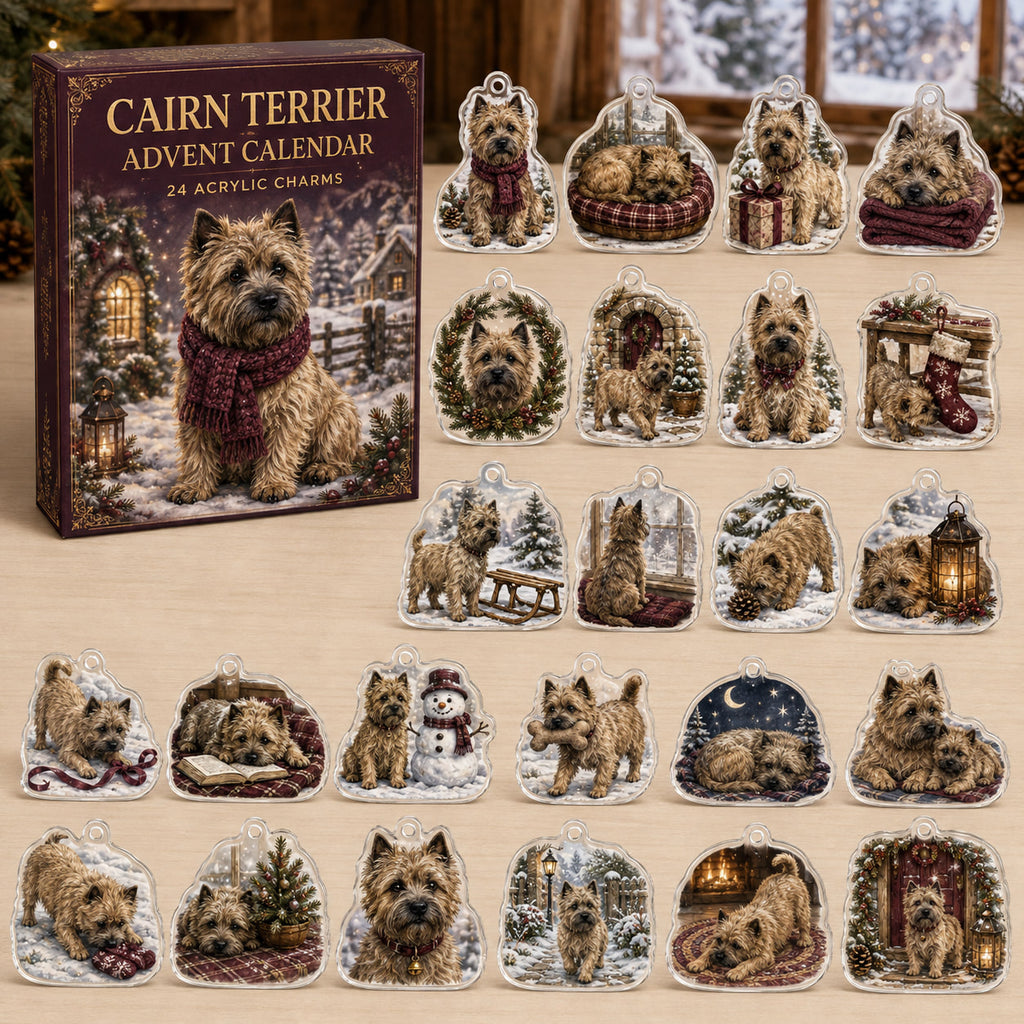 Cairn Terrier advent calendar box and 24 illustrated acrylic charms displayed on an ivory tabletop in a winter setting