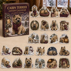 Cairn Terrier advent calendar box and 24 illustrated acrylic charms displayed on an ivory tabletop in a winter setting