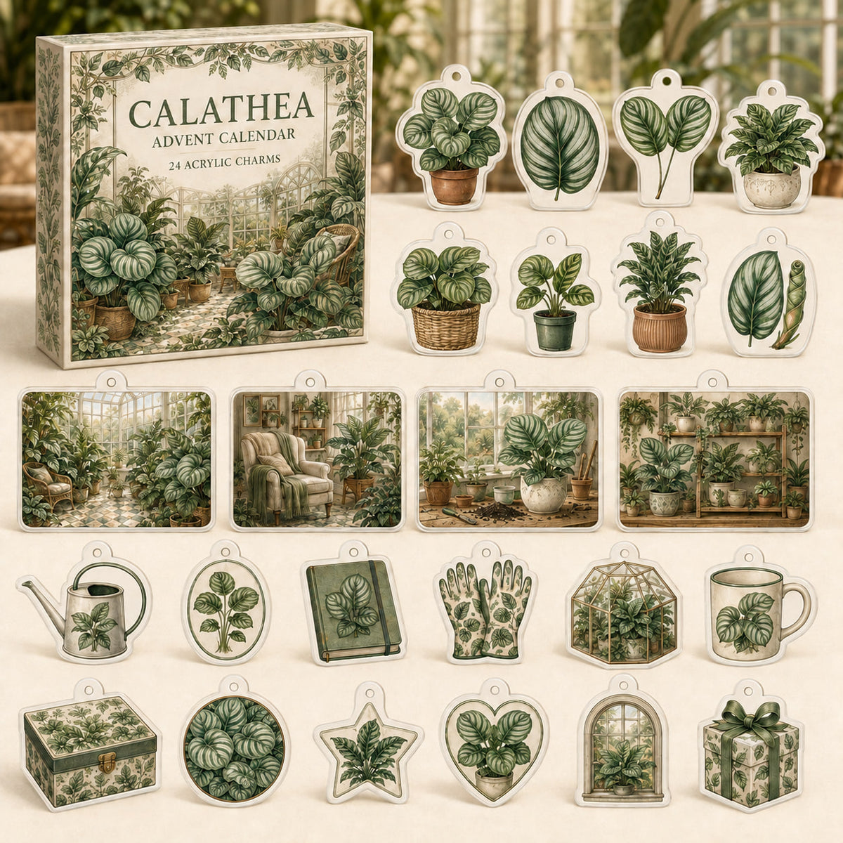 Calathea advent calendar box and 24 botanical-themed printed acrylic charms