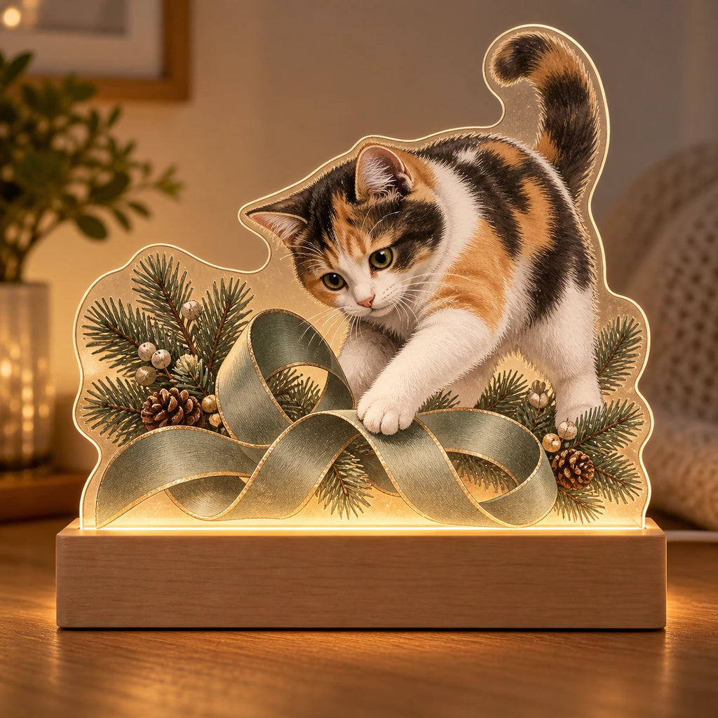 Calico Cat Christmas Ribbon Acrylic Night Light with printed dimensional artwork
