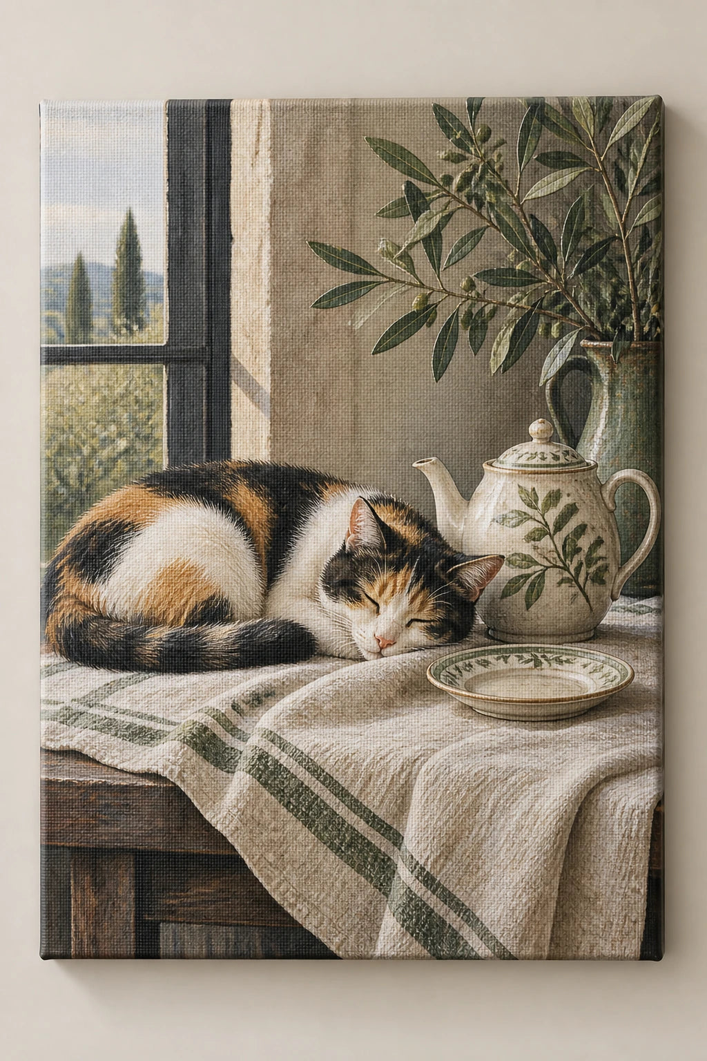 Calico Cat Teacup Afternoon Canvas Wall Art with printed dimensional artwork