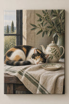 Calico Cat Teacup Afternoon Canvas Wall Art with printed dimensional artwork