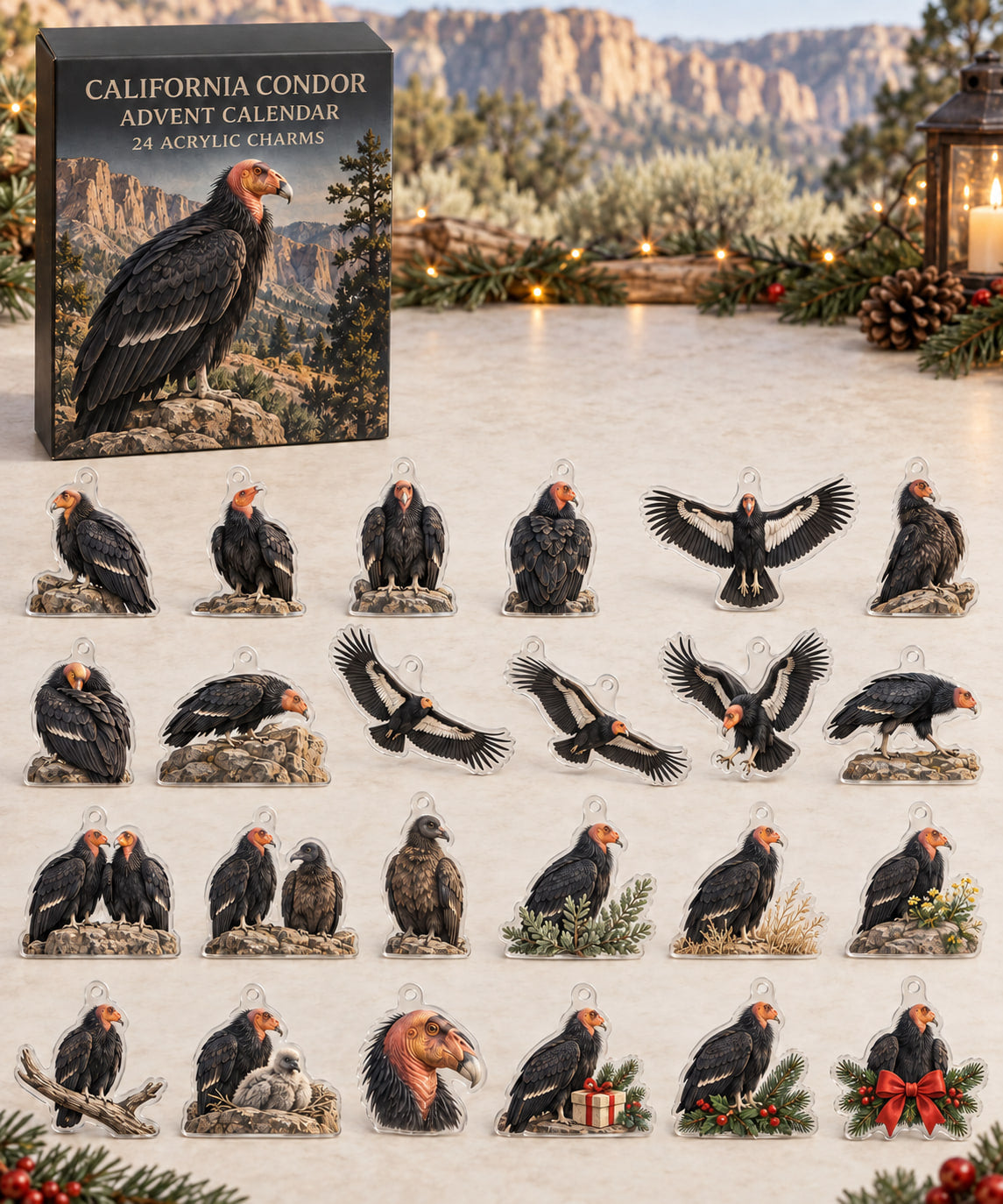 California Condor advent calendar with 24 custom-shaped flat acrylic charms and printed dimensional artwork