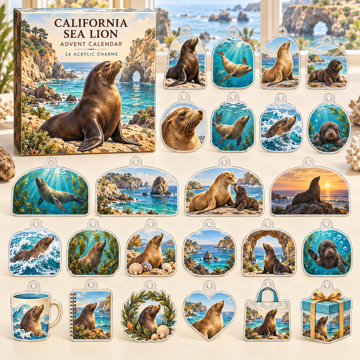 California Sea Lion advent calendar box with 24 themed flat printed acrylic charms