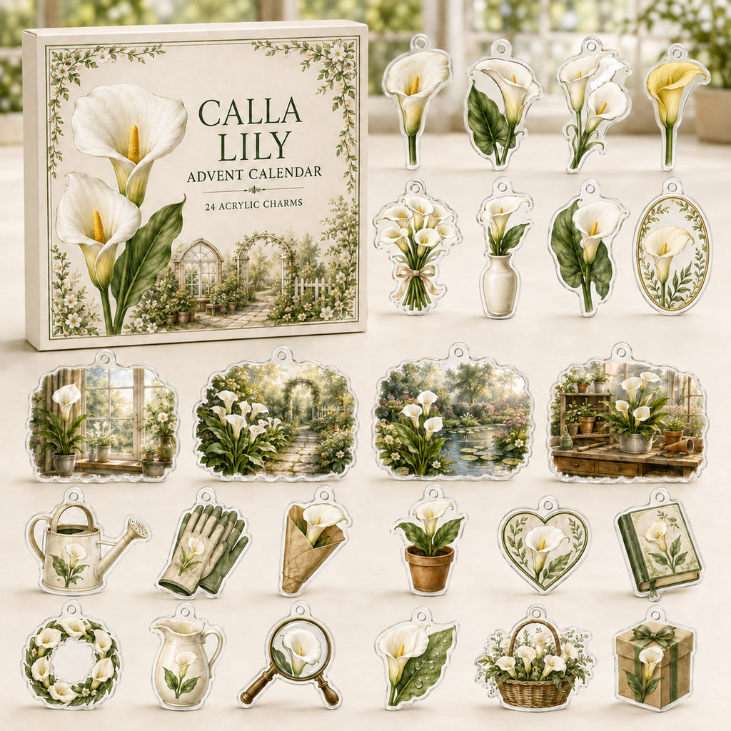 Calla Lily advent calendar box and 24 printed acrylic botanical charms