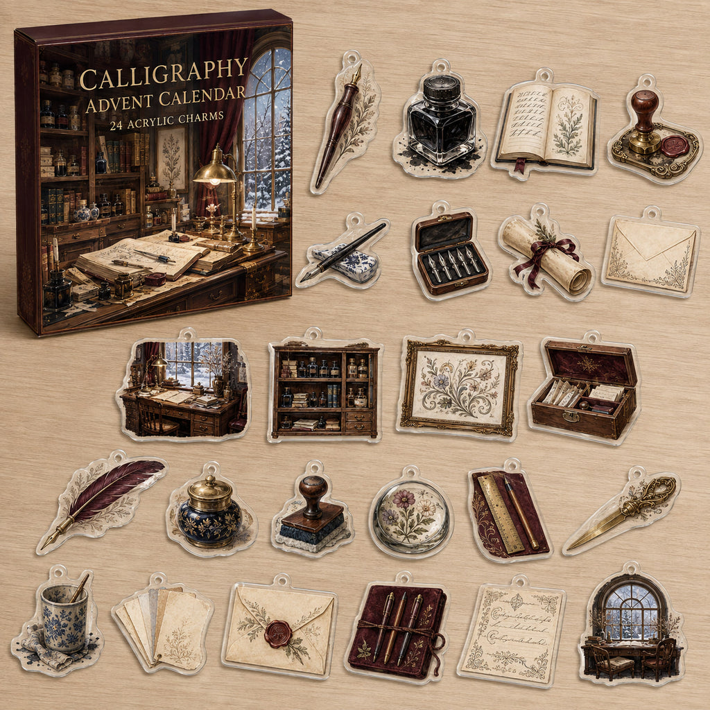 Calligraphy advent calendar with 24 printed acrylic charms in a themed studio