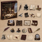 Calligraphy advent calendar with 24 printed acrylic charms in a themed studio