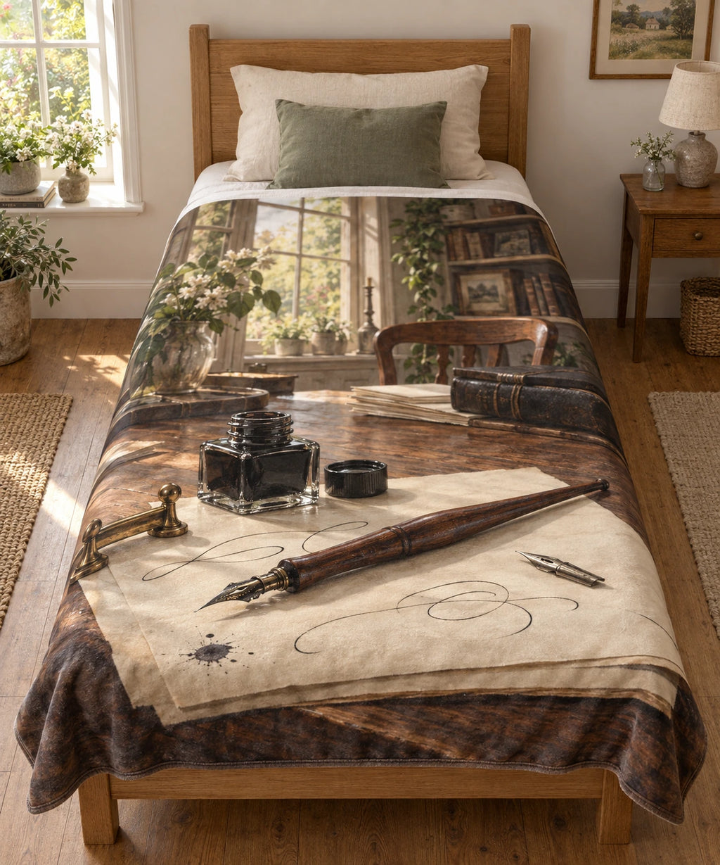 Dip pen and calligraphy practice studio, flat printed optical-depth fleece throw blanket.
