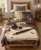 Dip pen and calligraphy practice studio, flat printed optical-depth fleece throw blanket.