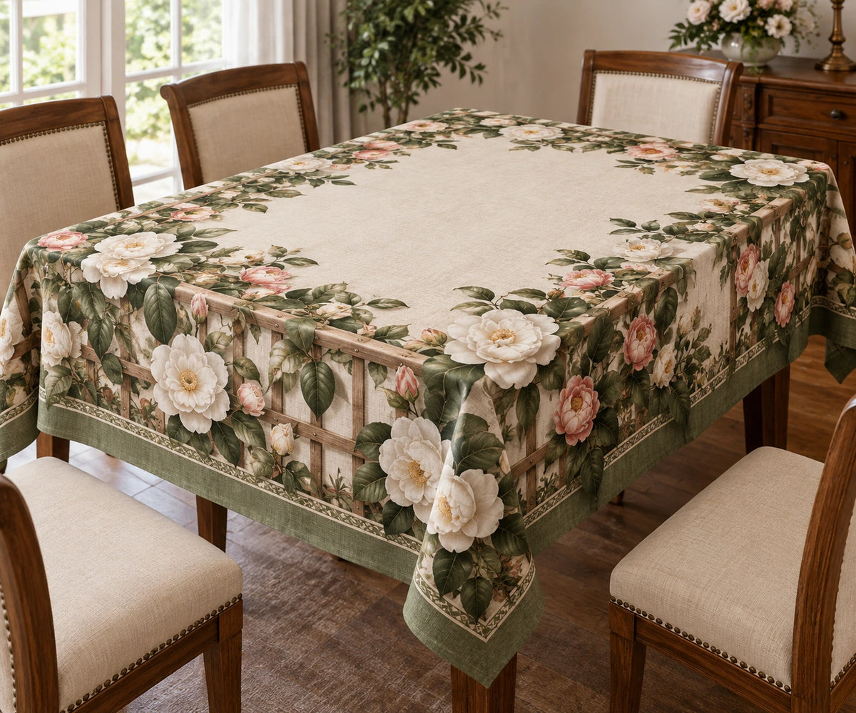 Camellia Garden Trellis Tablecloth with printed dimensional artwork