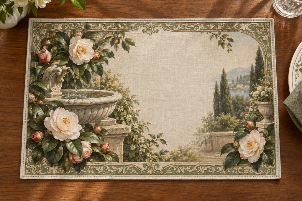 Camellia Stone Fountain Placemat with printed dimensional artwork