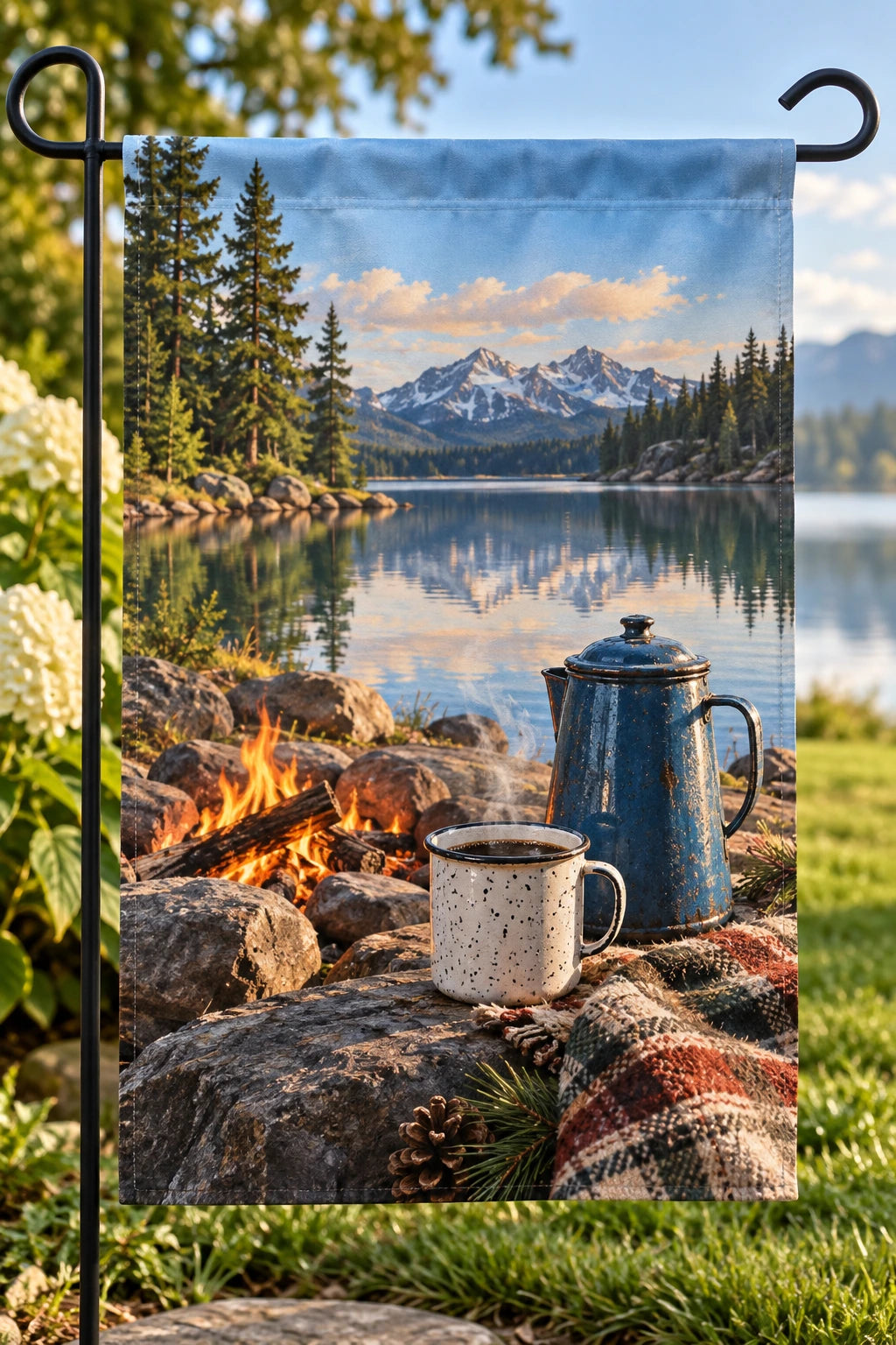 Camp Coffee Lakeside Stop Garden Flag with printed dimensional artwork
