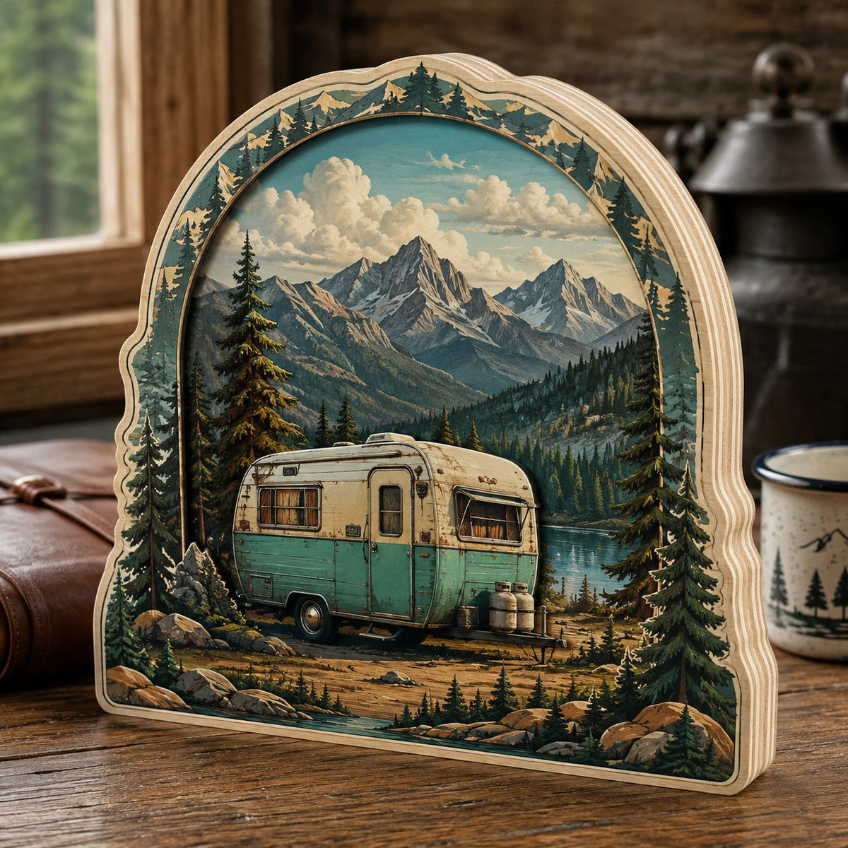 Camper Mountain Retreat wooden block 3 layer with a dimensional printed design in a camping setting