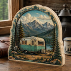 Camper Mountain Retreat wooden block 3 layer with a dimensional printed design in a camping setting