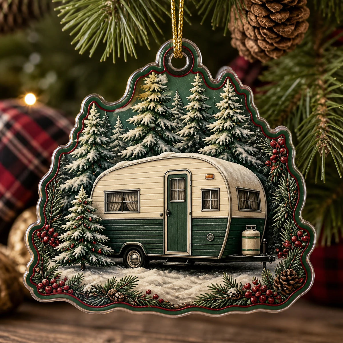 Camper Pine Christmas Escape christmas ornament with a dimensional printed design in a camping christmas setting