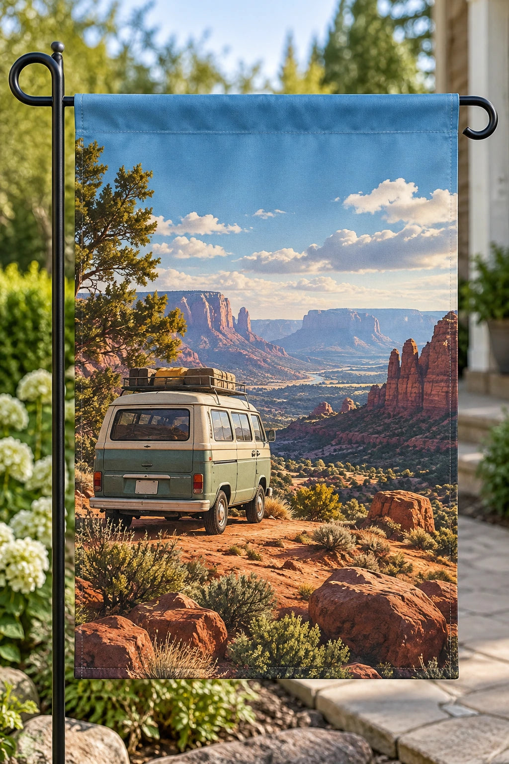Camper Van Desert Stop Garden Flag with printed dimensional artwork