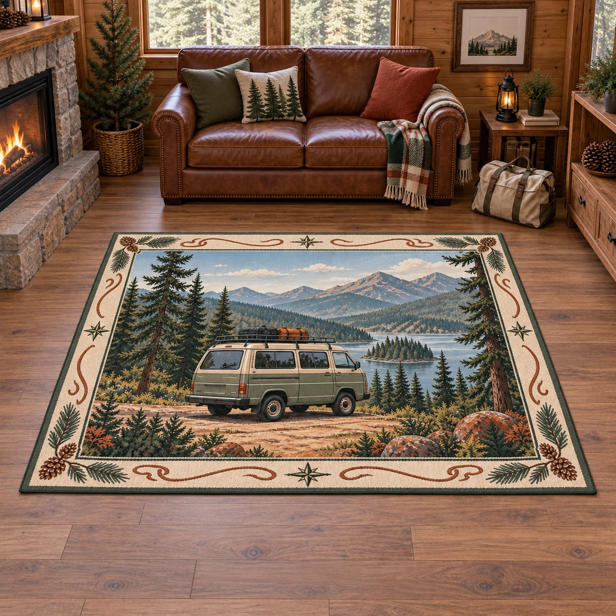 Sage camper van area rug with pine forest, mountain lake and trail motifs in a rustic travel-inspired room.