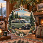 Sage camper van christmas ornament with pine forest, mountain lake and trail motifs in a rustic travel-inspired room.