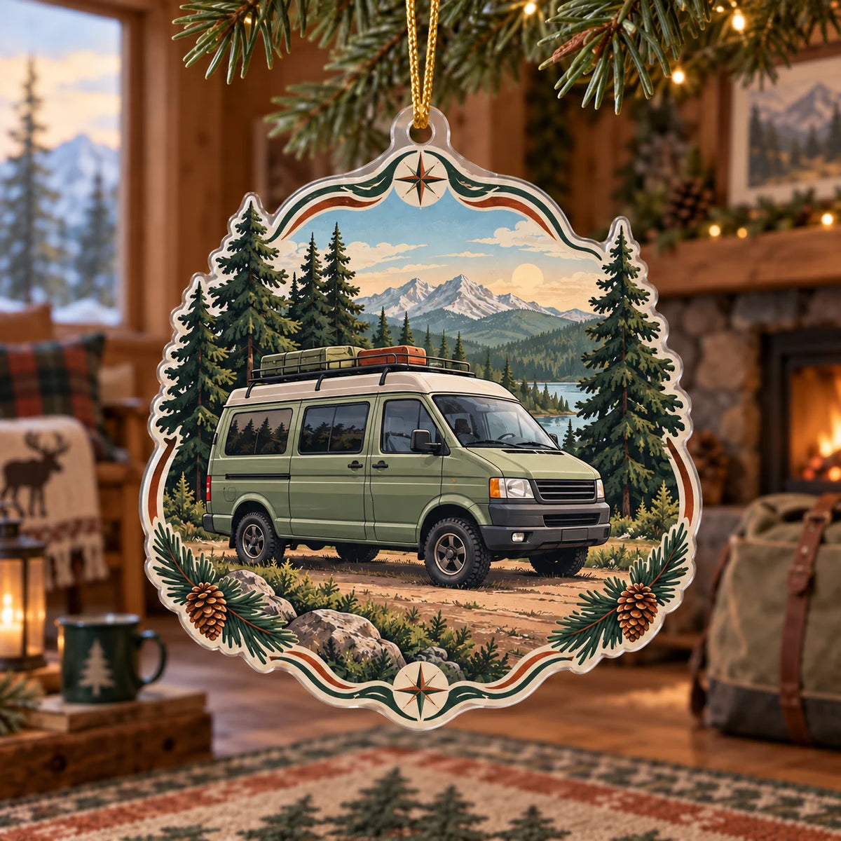 Sage camper van christmas ornament with pine forest, mountain lake and trail motifs in a rustic travel-inspired room.