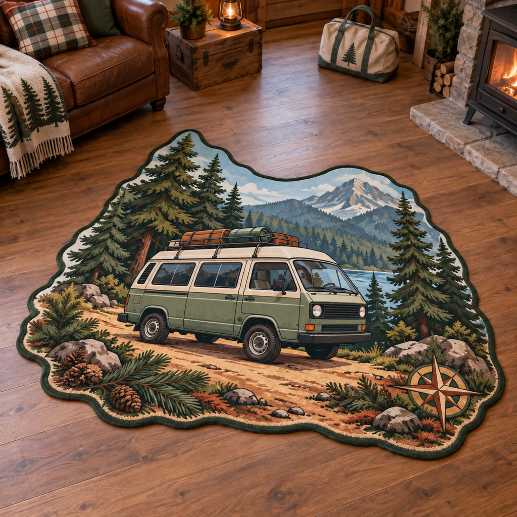 Sage camper van custom shape area rug with pine forest, mountain lake and trail motifs in a rustic travel-inspired room.