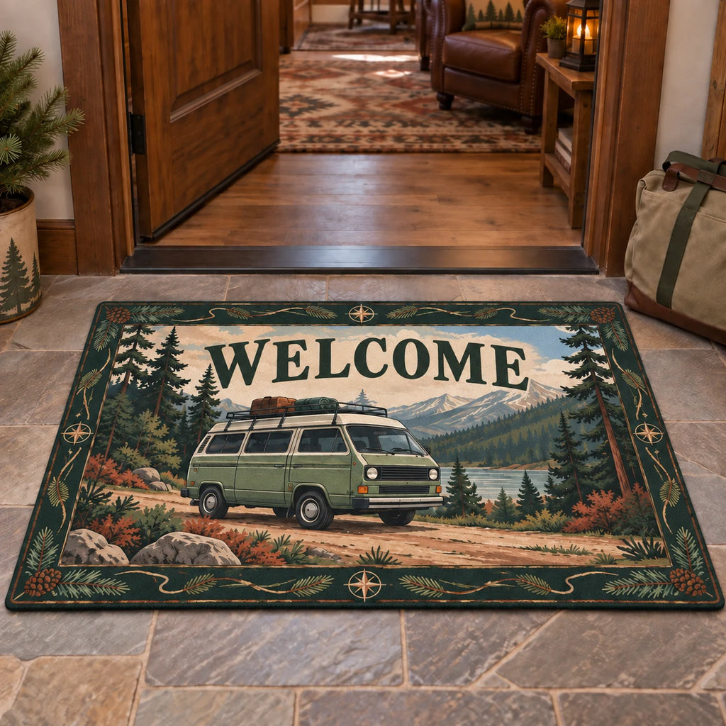 Sage camper van doormat with pine forest, mountain lake and trail motifs in a rustic travel-inspired room.