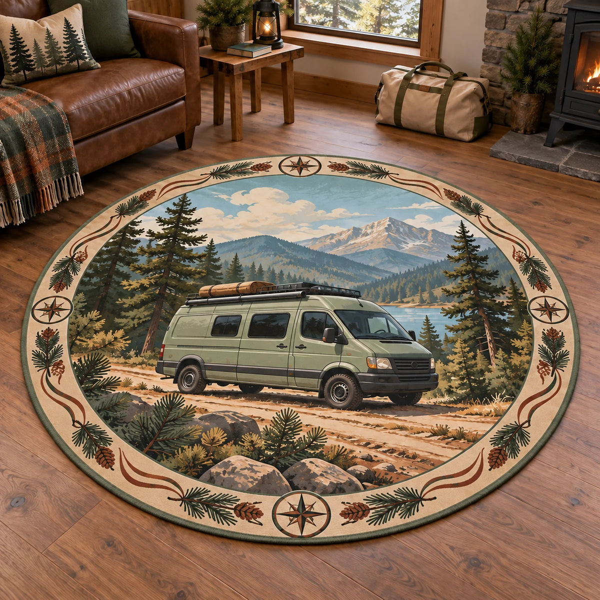 Sage camper van round mat rug with pine forest, mountain lake and trail motifs in a rustic travel-inspired room.