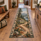 Sage camper van runner rug with pine forest, mountain lake and trail motifs in a rustic travel-inspired room.