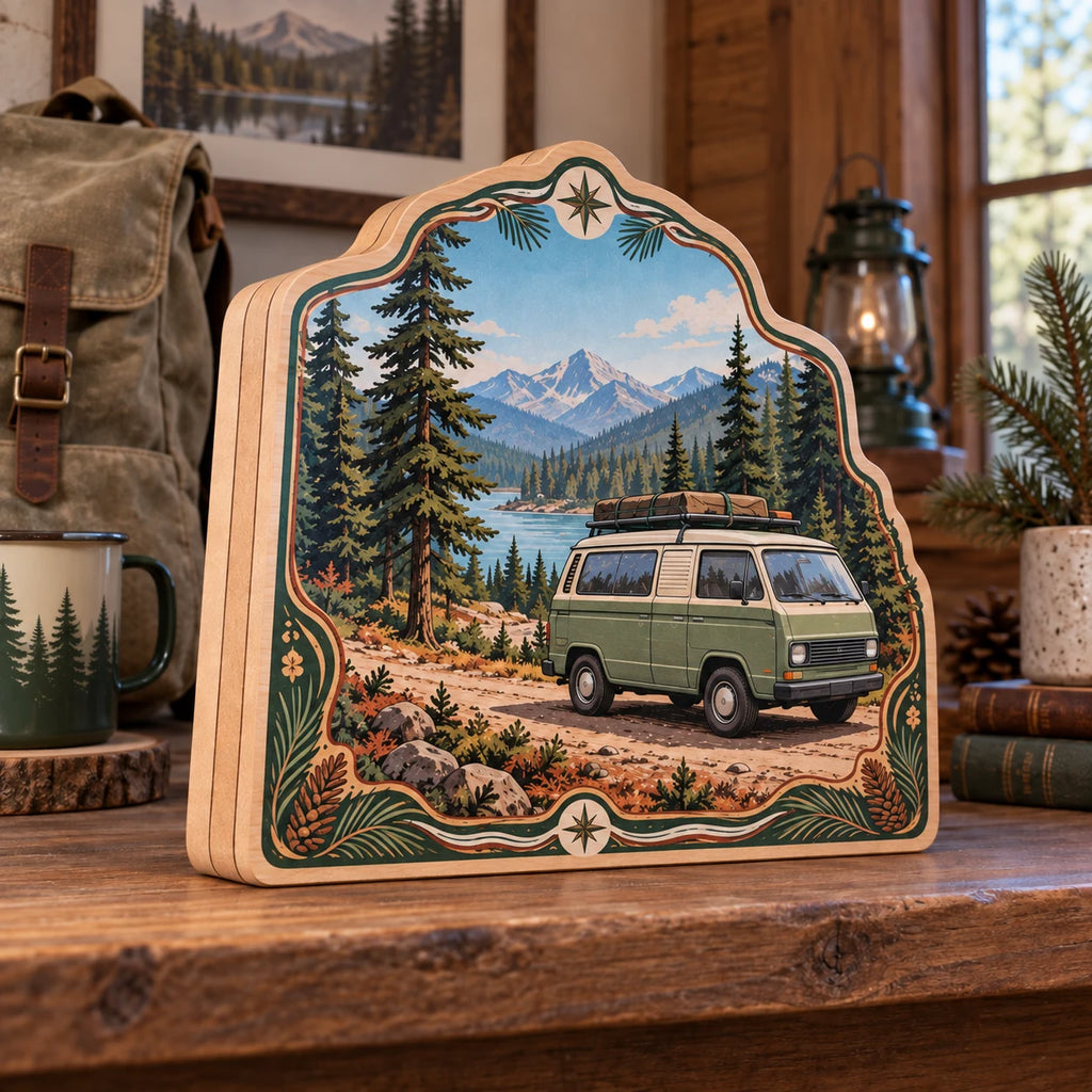 Sage camper van wooden block with pine forest, mountain lake and trail motifs in a rustic travel-inspired room.