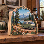 Sage camper van wooden block with pine forest, mountain lake and trail motifs in a rustic travel-inspired room.