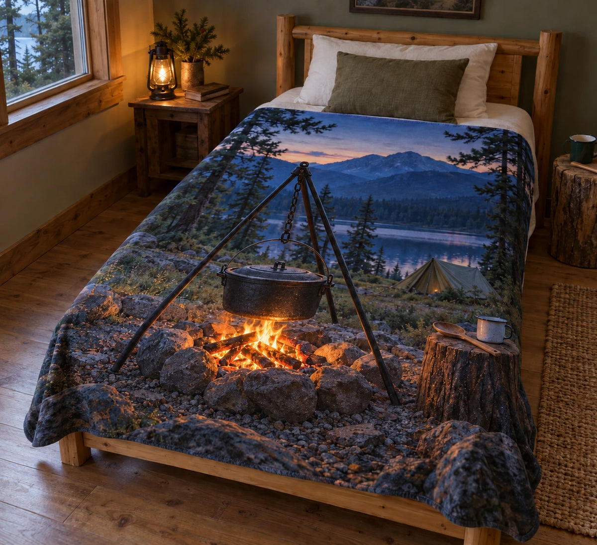 Campfire cooking pot and twilight woodland lake, flat printed optical-depth fleece throw blanket.