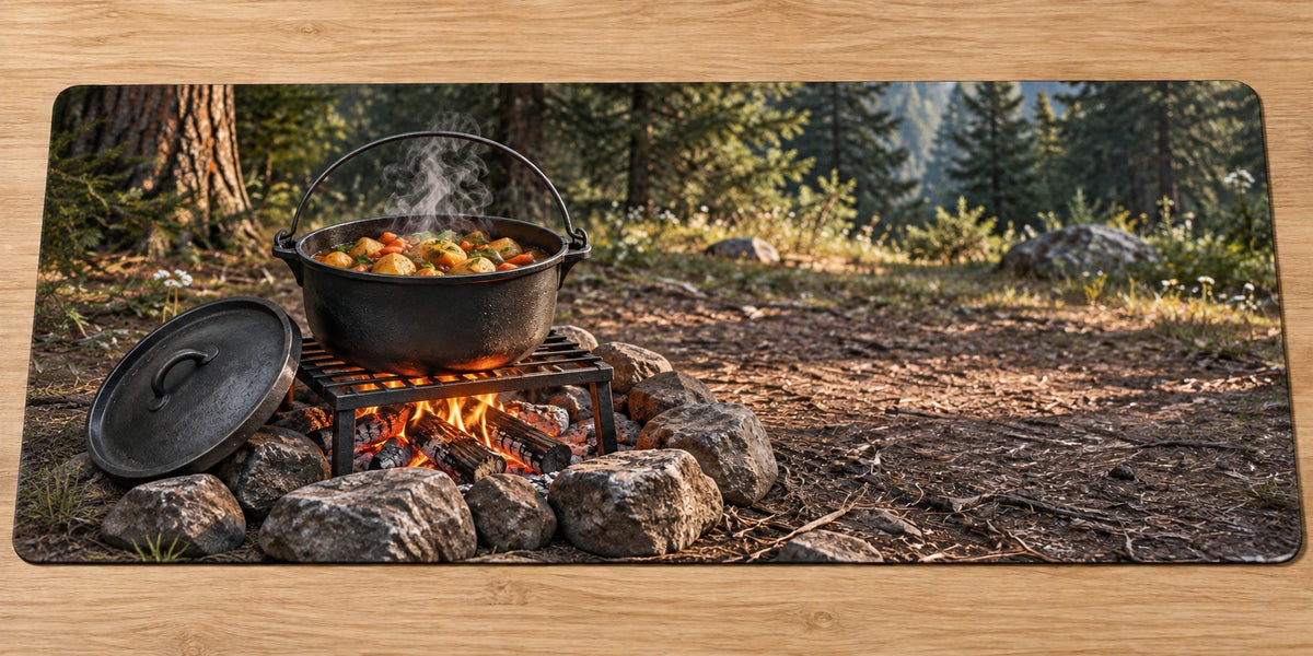 Campfire Cooking Dutch Oven Desk Mat with printed iron pot, embers and woodland depth