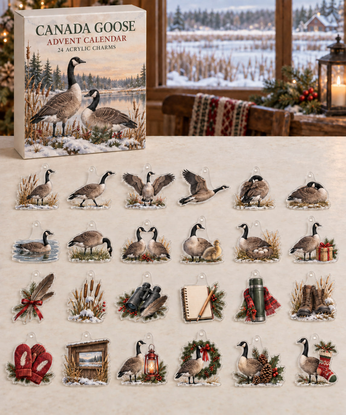 Canada Goose advent calendar with 24 custom-shaped flat acrylic charms and printed dimensional artwork