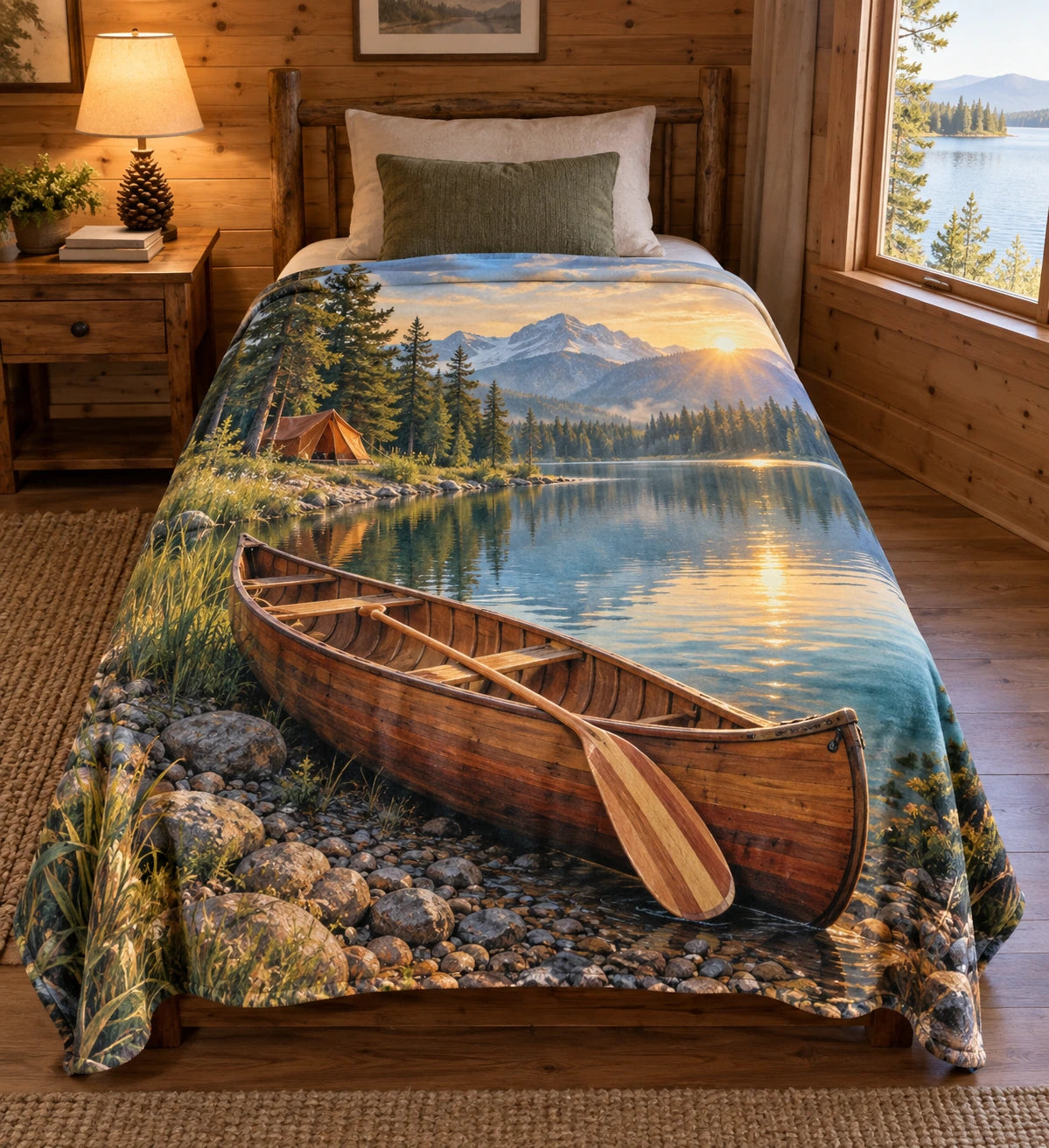 Cedar canoe and peaceful lakeside camp, flat printed optical-depth fleece throw blanket.