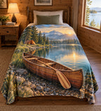 Cedar canoe and peaceful lakeside camp, flat printed optical-depth fleece throw blanket.