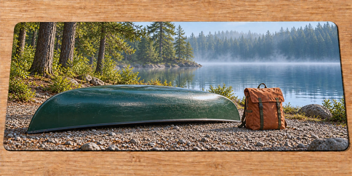 Canoe Camp Portage Landing Desk Mat with printed green canoe hull and lakeside pack depth