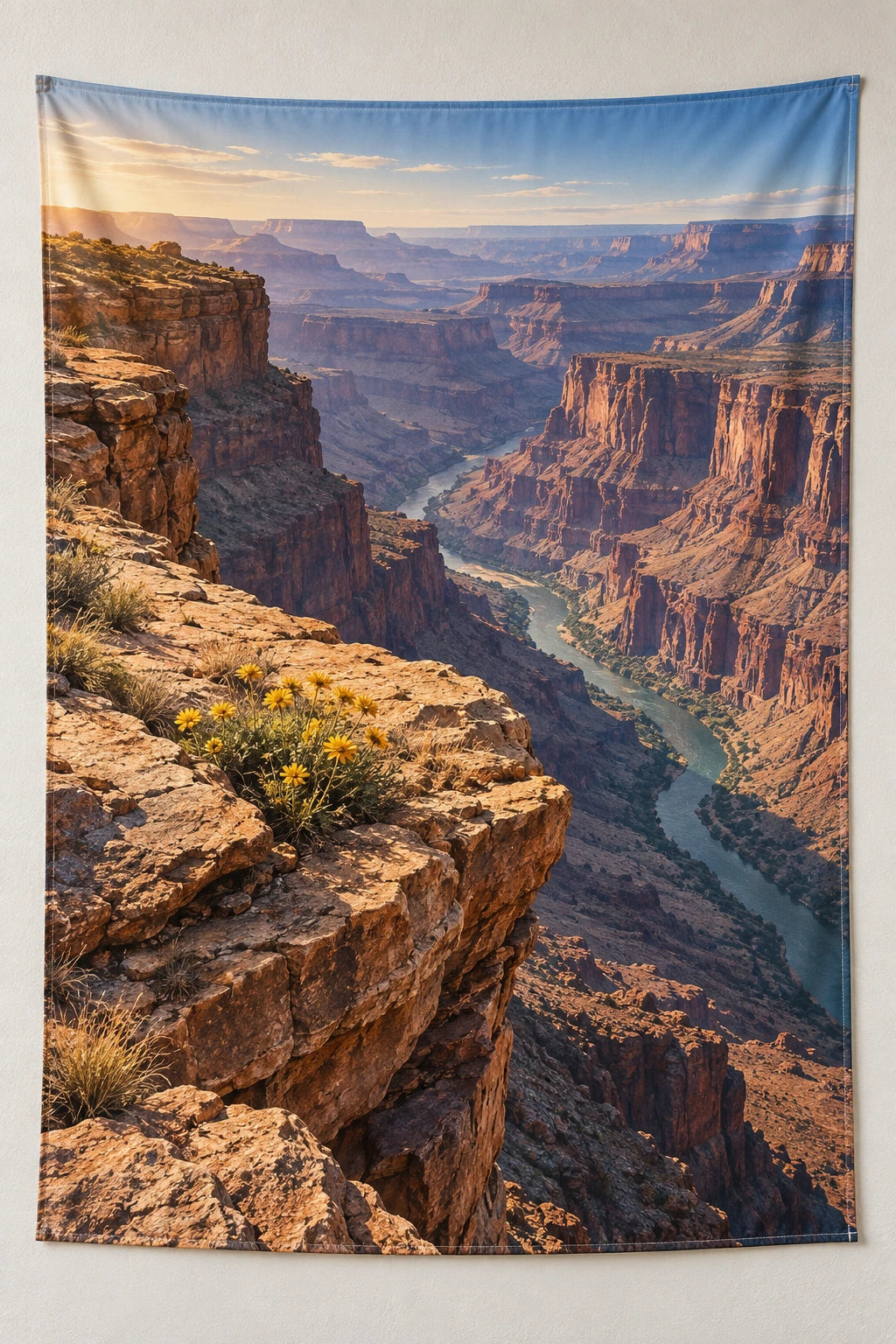 Canyon Overlook Desert Bloom Wall Tapestry with printed sandstone ledges and deep river valley