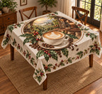 Cappuccino Botanical Roast Tablecloth with flat printed cappuccino and roastery garden depth