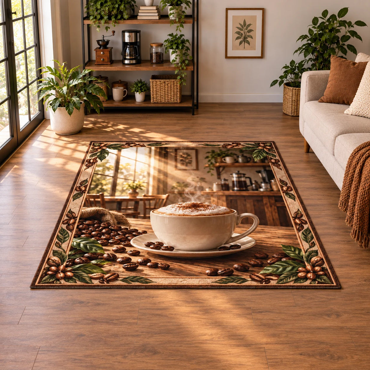 Revised image shows the entire rectangle and all four corners with floor margin, a single handled cappuccino cup, saucer and leaf border.