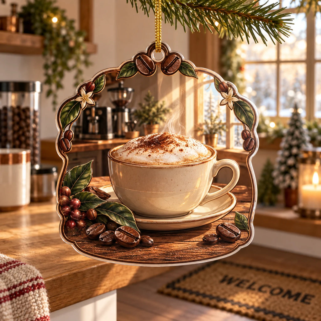 Thin clear outer acrylic rim, supported gold cord hole and opaque printed coffee scene; coherent single cup handle and saucer inside a bean and leaf frame.