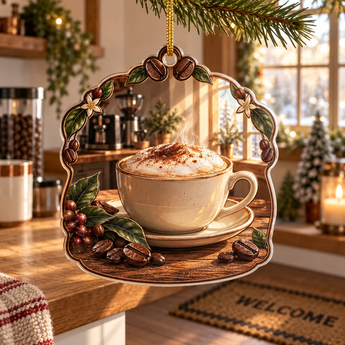 Thin clear outer acrylic rim, supported gold cord hole and opaque printed coffee scene; coherent single cup handle and saucer inside a bean and leaf frame.
