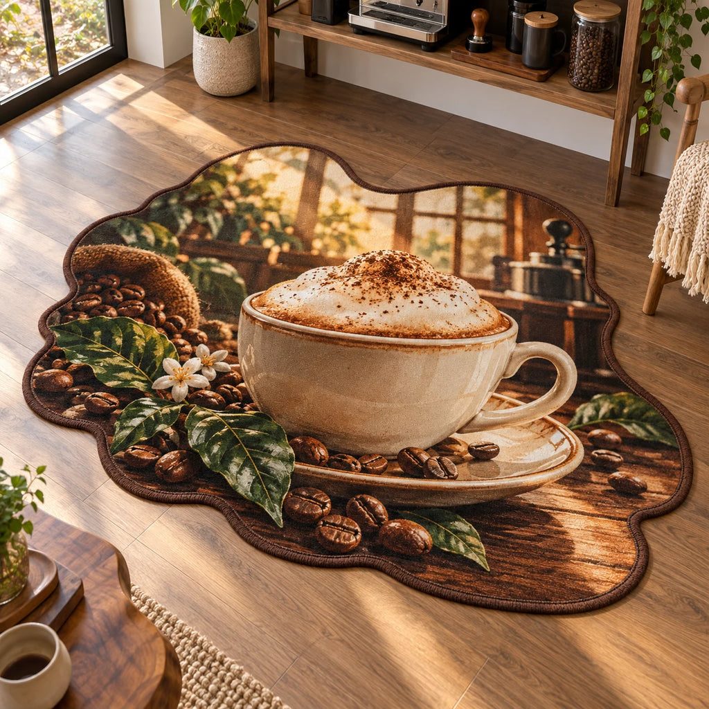 Entire scalloped outline with brown binding, large cappuccino cup and saucer, foreground coffee leaves and beans, and recessed window and grinder.