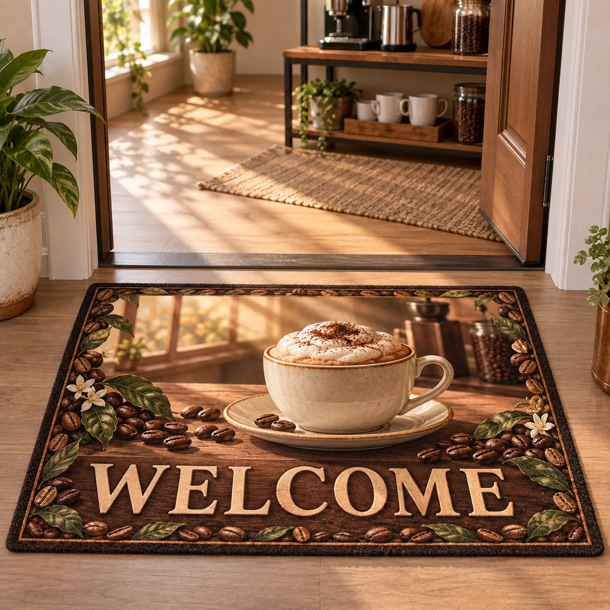 Complete rectangular outline, correctly spelled WELCOME, coherent cup handle, foamy cappuccino and bean and leaf frame at a coffee room doorway.