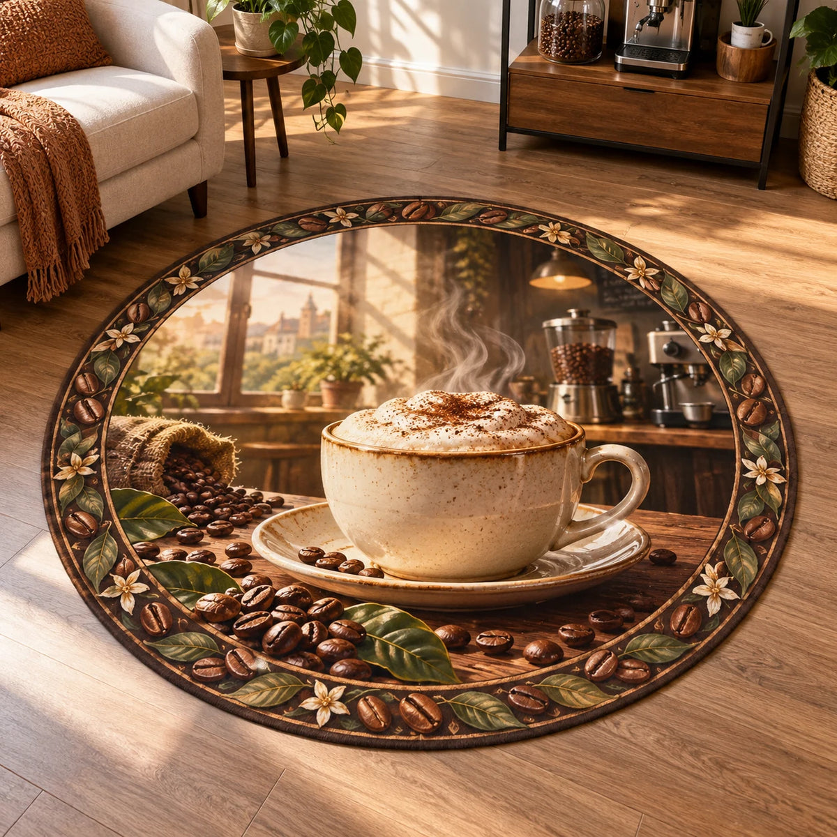 Full circular outline with a cream cappuccino cup and saucer, leaf and bean ring and a recessed sunlit coffee station.