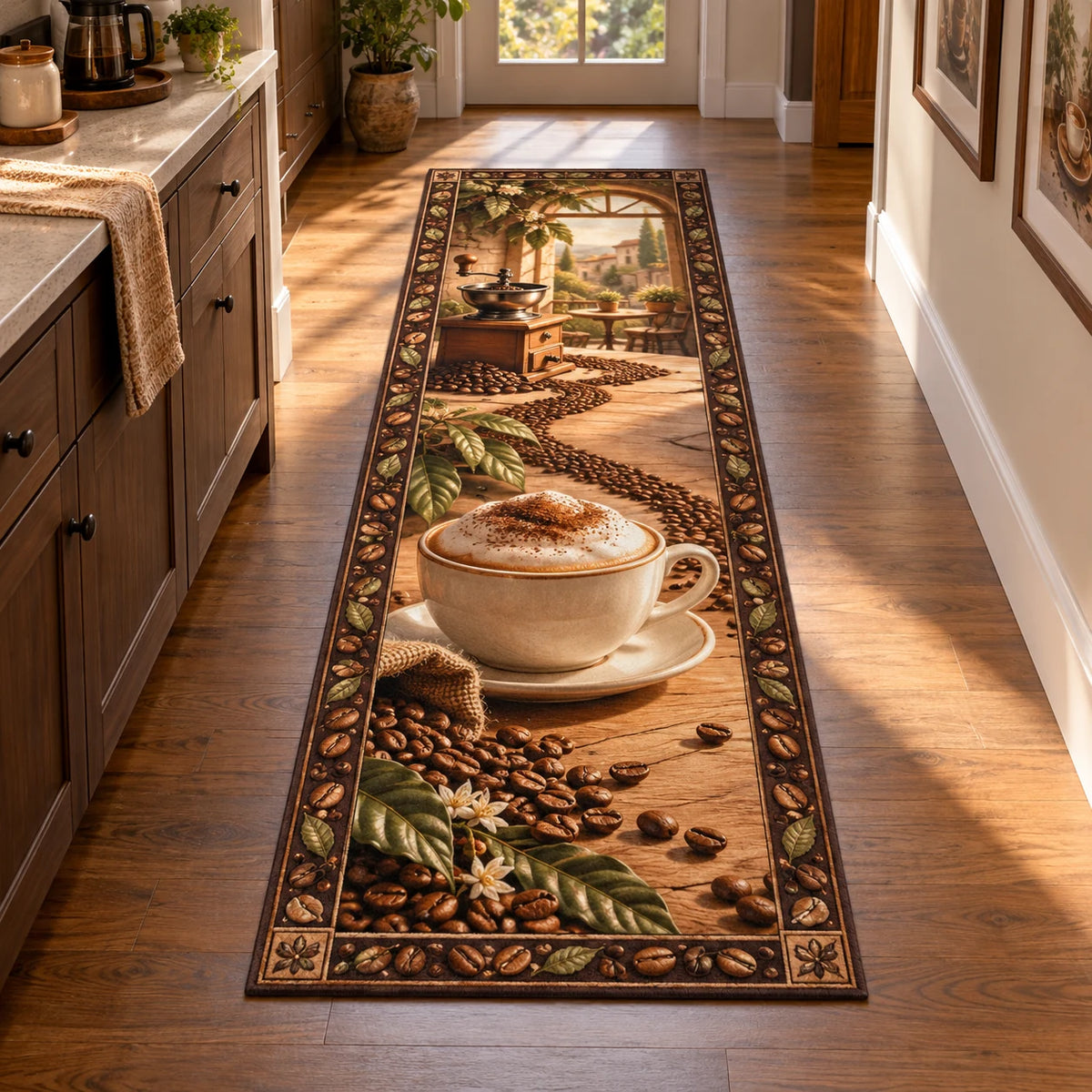 Entire long rectangle visible; foreground cappuccino and beans lead toward a hand grinder and distant cafe terrace, surrounded by a bean and leaf border.